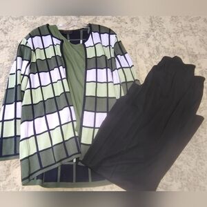 3 Piece Outfit Green & Black Grid Open Cardigan with Solid Black Pants